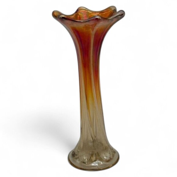 Antique Carnival Glass Bud Vase Iridescent Marigold 7.5" Tall Swirl Design - Picture 4 of 5